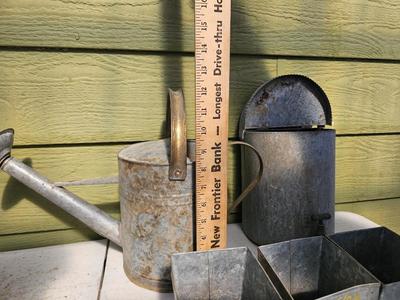 Galvanized watering can, waterer with a pout, and three herb pots with a tray