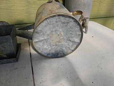 Galvanized watering can, waterer with a pout, and three herb pots with a tray