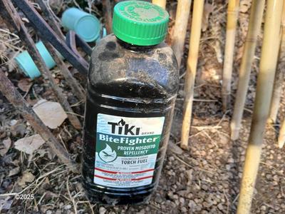 Four metal tiki torches - Bamboo torches with a jug of tiki fuel