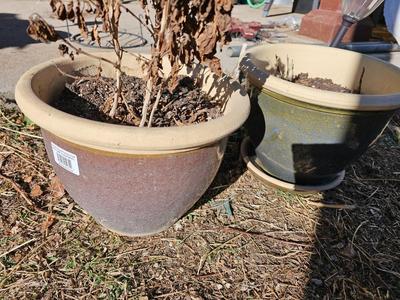 Two French planters - ceramic plant pots - flowerpots 8" tall 11" wide