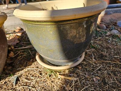 Two French planters - ceramic plant pots - flowerpots 8" tall 11" wide