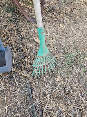 Large sized plastic wheelbarrow with a poop scooper and small rake