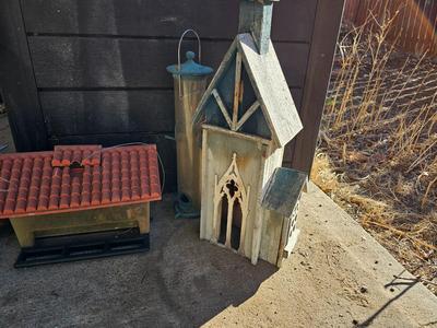 Grouping of Bird feeders and small wooden bird houses
