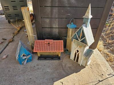 Grouping of Bird feeders and small wooden bird houses