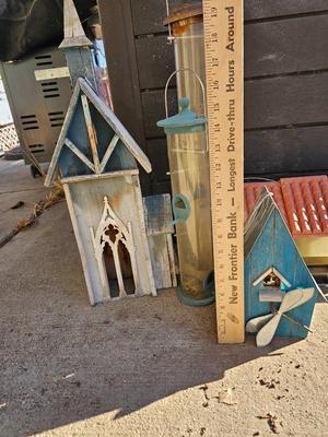 Grouping of Bird feeders and small wooden bird houses