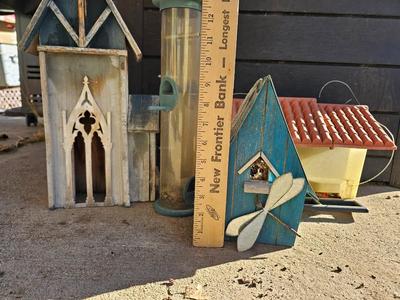 Grouping of Bird feeders and small wooden bird houses