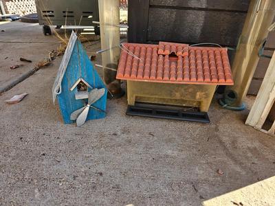 Grouping of Bird feeders and small wooden bird houses