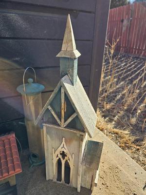 Grouping of Bird feeders and small wooden bird houses