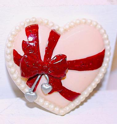 Large Ceramic Pink HEART & RED Ribbon BROOCH (2" x 1¾") with Gray Heart Leaves