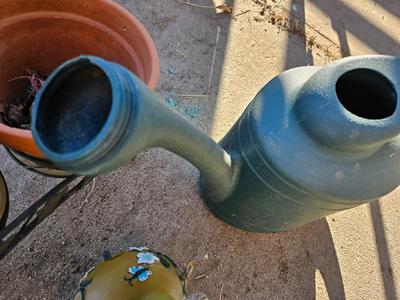 3 tiered plant stand with 3 terra cotta pots, small garden handtools, and watering can