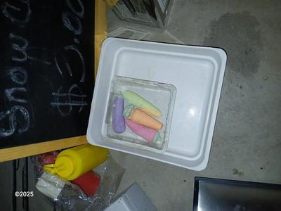 Wire storage baskets, Chalk board, napkin dispenser, cash box and more