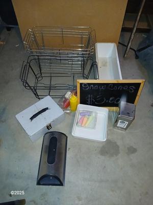 Wire storage baskets, Chalk board, napkin dispenser, cash box and more