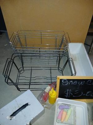Wire storage baskets, Chalk board, napkin dispenser, cash box and more