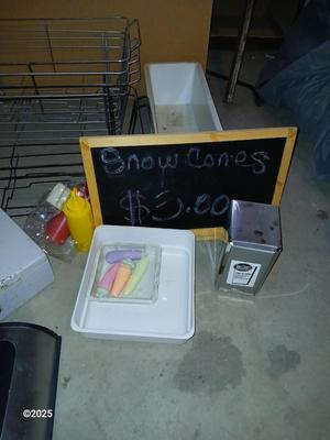 Wire storage baskets, Chalk board, napkin dispenser, cash box and more