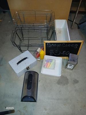 Wire storage baskets, Chalk board, napkin dispenser, cash box and more