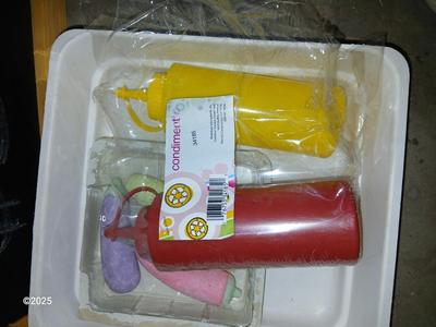 Wire storage baskets, Chalk board, napkin dispenser, cash box and more