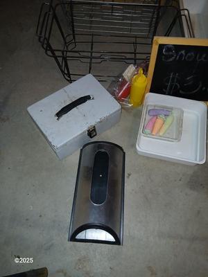 Wire storage baskets, Chalk board, napkin dispenser, cash box and more