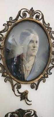Two Victorian Photos in ornate Gilt Frames Handsome Man, Smiling Woman