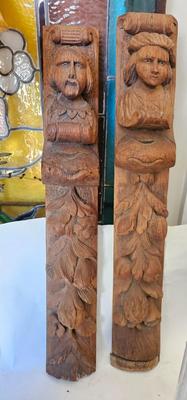 Pair Carved Gothic Nobleman Wood Trim, Architectural 1700s-1800s 24" Tall