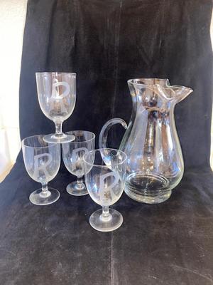 ETCHED GLASSES AND GLASS PITCHER