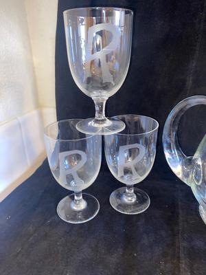 ETCHED GLASSES AND GLASS PITCHER