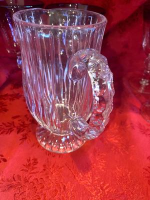 CRYSTAL PITCHER AND LARGE GLASS STEMMED GLASSES WITH PURPLE RIM