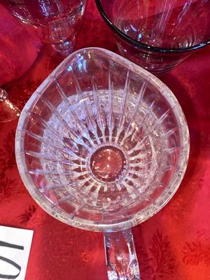 CRYSTAL PITCHER AND LARGE GLASS STEMMED GLASSES WITH PURPLE RIM