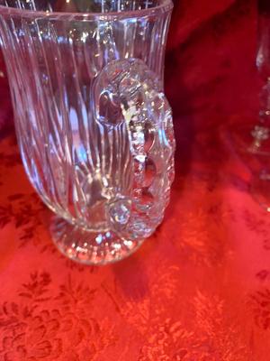 CRYSTAL PITCHER AND LARGE GLASS STEMMED GLASSES WITH PURPLE RIM