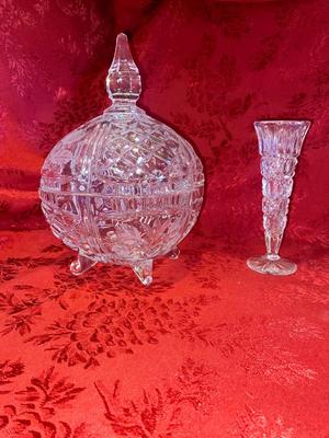 VERY PRETTY VTG LEAD CRYSTAL CANDY DISH AND BUD VASE