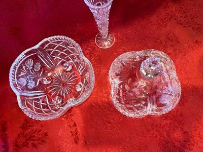 VERY PRETTY VTG LEAD CRYSTAL CANDY DISH AND BUD VASE