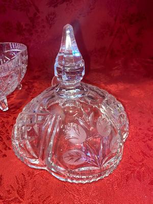 VERY PRETTY VTG LEAD CRYSTAL CANDY DISH AND BUD VASE
