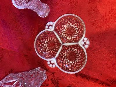 VINTAGE FENTON HOBNAIL MOONSTONE SEPARATED CANDY/SERVING DISH & LEAD CRYSTAL VASES