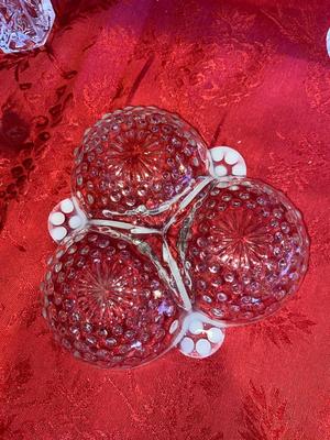 VINTAGE FENTON HOBNAIL MOONSTONE SEPARATED CANDY/SERVING DISH & LEAD CRYSTAL VASES