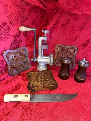 MEAT GRINDER, SALT SHAKER, AND PEPPERMILL, RUSTIC KNIFE AND MORE