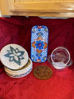 WICKER TORTILLA WARMER, NARROW PLASTIC PLATTER, PYREX BOWLS, HOT PLATE