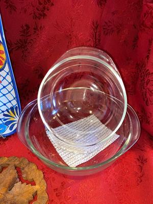 WICKER TORTILLA WARMER, NARROW PLASTIC PLATTER, PYREX BOWLS, HOT PLATE
