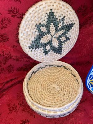 WICKER TORTILLA WARMER, NARROW PLASTIC PLATTER, PYREX BOWLS, HOT PLATE
