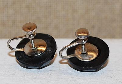 Vintage-Style BLACK Beveled Plastic Earrings (¾" Circ.) on a Screw-On Clasp