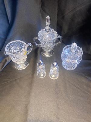 BREATHTAKING VTG LEAD CRYSTAL SALT AND PEPPER, SHAKERS, CREAMER AND SUGAR BOWL