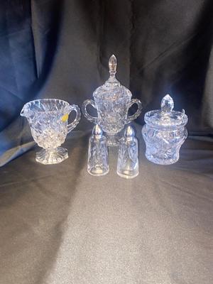 BREATHTAKING VTG LEAD CRYSTAL SALT AND PEPPER, SHAKERS, CREAMER AND SUGAR BOWL