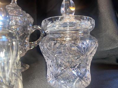 BREATHTAKING VTG LEAD CRYSTAL SALT AND PEPPER, SHAKERS, CREAMER AND SUGAR BOWL
