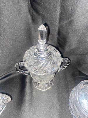 BREATHTAKING VTG LEAD CRYSTAL SALT AND PEPPER, SHAKERS, CREAMER AND SUGAR BOWL