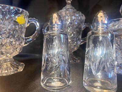 BREATHTAKING VTG LEAD CRYSTAL SALT AND PEPPER, SHAKERS, CREAMER AND SUGAR BOWL