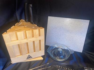 SABER KNIVES IN BLOCK, STONE. CUTTING BOARD, AND VTG GLASS JUICER