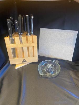 SABER KNIVES IN BLOCK, STONE. CUTTING BOARD, AND VTG GLASS JUICER