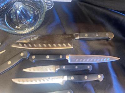 SABER KNIVES IN BLOCK, STONE. CUTTING BOARD, AND VTG GLASS JUICER