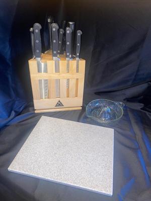 SABER KNIVES IN BLOCK, STONE. CUTTING BOARD, AND VTG GLASS JUICER