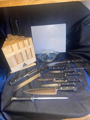 SABER KNIVES IN BLOCK, STONE. CUTTING BOARD, AND VTG GLASS JUICER