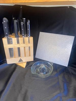 SABER KNIVES IN BLOCK, STONE. CUTTING BOARD, AND VTG GLASS JUICER