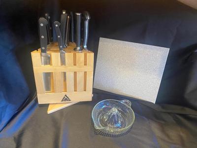 SABER KNIVES IN BLOCK, STONE. CUTTING BOARD, AND VTG GLASS JUICER
